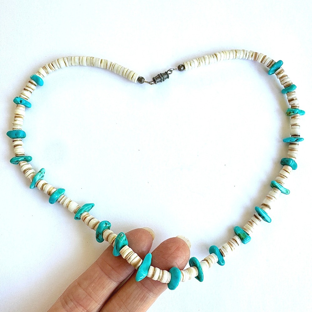 VTG Native Amer Turquoise Chip Heishi Necklace Santo Domingo Shell‎ 18in 60s